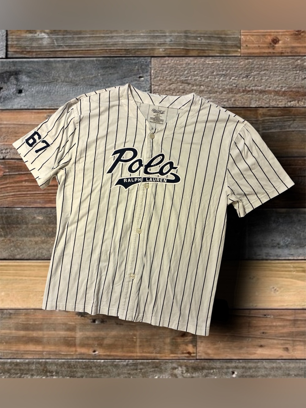 POLO RALPH LAUREN PIN STRIPE BASEBALL JERSEY- MEN’S SIZE LARGE